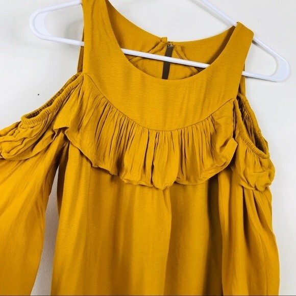 Anthropologie Maeve Brearly Open Shoulder Top Ruffle Blouse Yellow Boho 4 - Picture 9 of 13